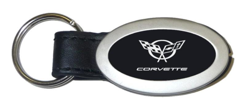 Gm corvette c5 black oval leather keychain / key fob engraved in usa genuine