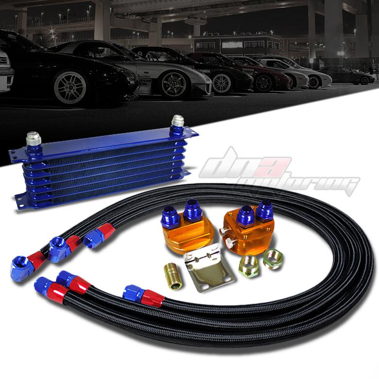 7-rows blue aluminum 50°f engine oil-cooler+relocation kit+black stainless line