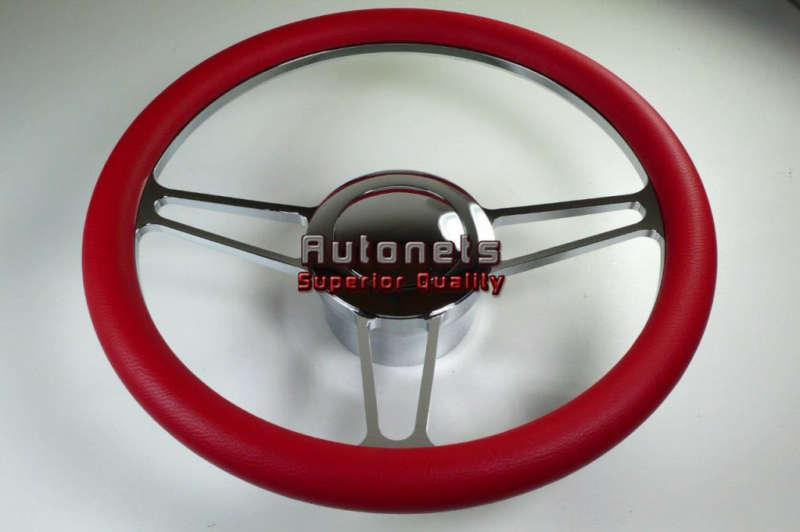 Red leather vintage camaro hot rod steering wheel  chrome aluminum horn adapter