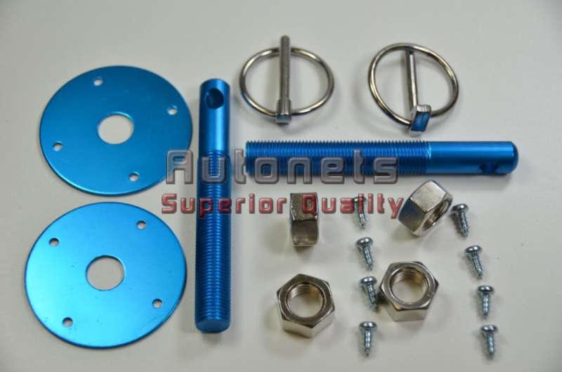 Aluminum anodized hood pin kit flip over universal fit blue hot street rod