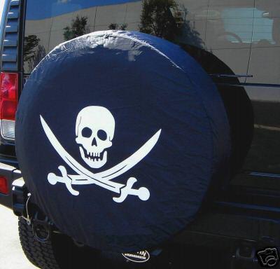 Spare tire cover 29"-32" w/ pirate skull white on passport black d000258p
