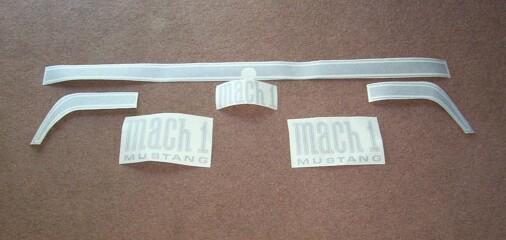 71-72 mustang mach 1 trunk stripe and letters kit, argent