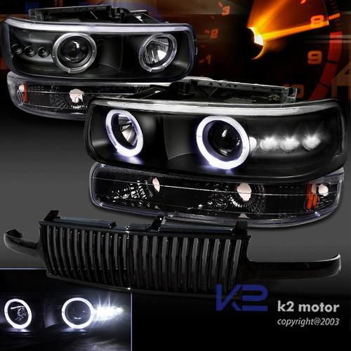 Black 99-02 chevy silverado halo led projector headlight+bumper lamp+hood grill