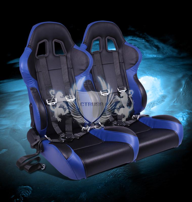 2x black/blue turino sport racing bucket seats + 4-pt belts camlock strap pair