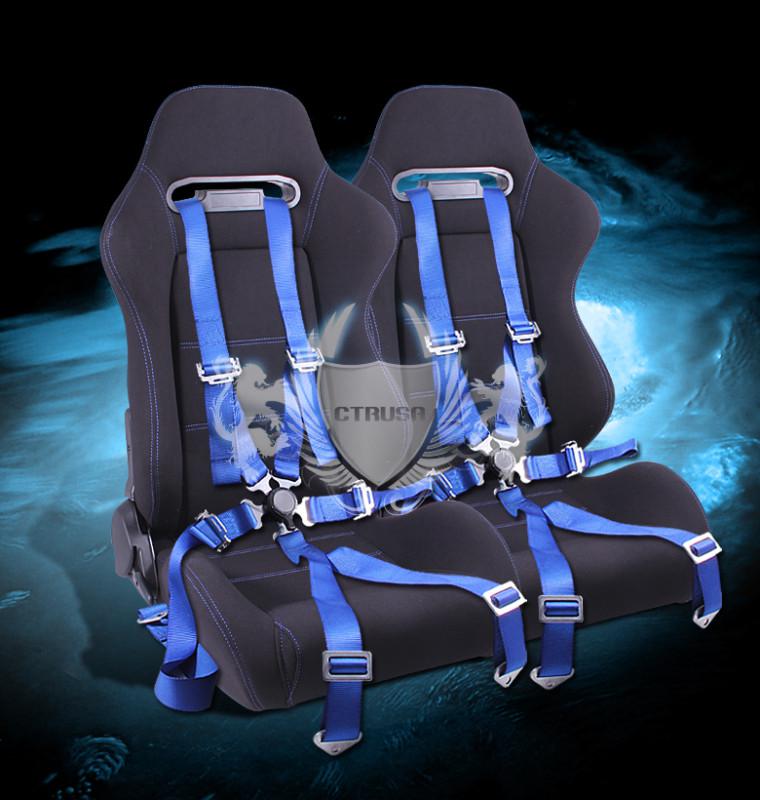 2x jdm f1 black fabric racing seats w/sliders  +6-pt camlock safty seat belt