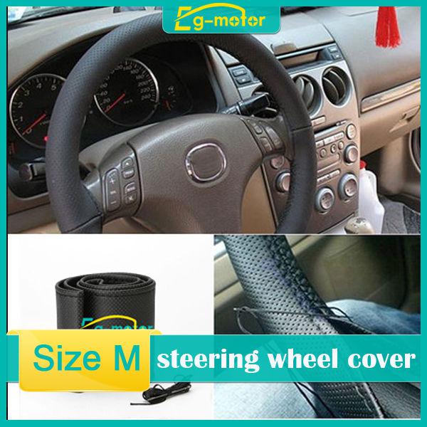 New black leather size m diy car steering wheel cover with needles and thread 