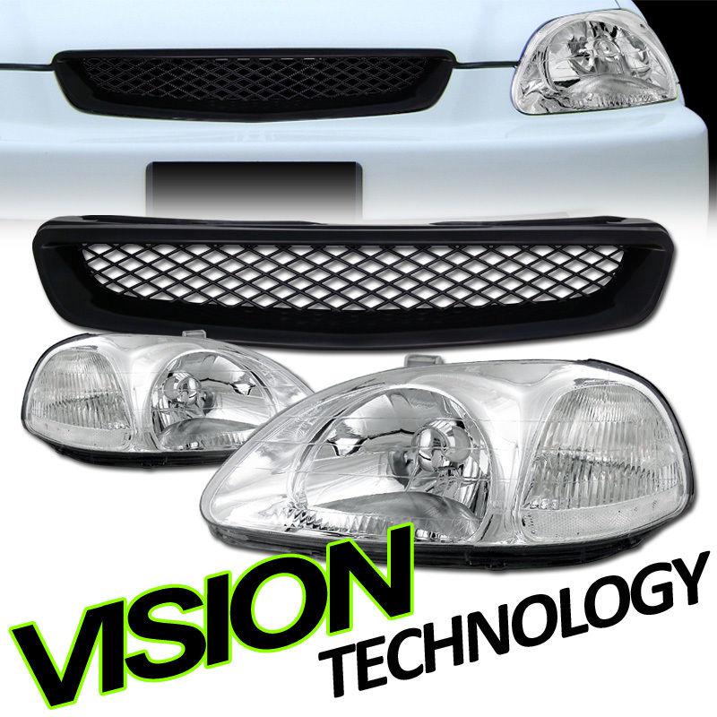 96-98 civic ek/ej chrome housing clear lens head lights lamps+bumper mesh grille