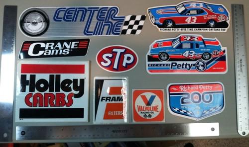 Lot of 9 vintage racing stickers. holley petty fram valvoline stp center line