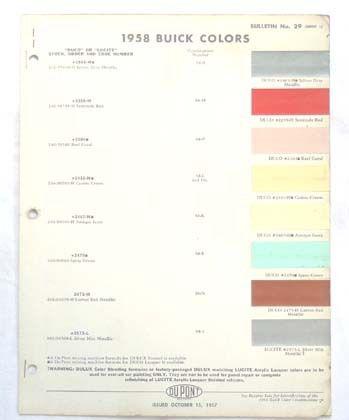 1958  buick dupont  color paint chip chart all models original 