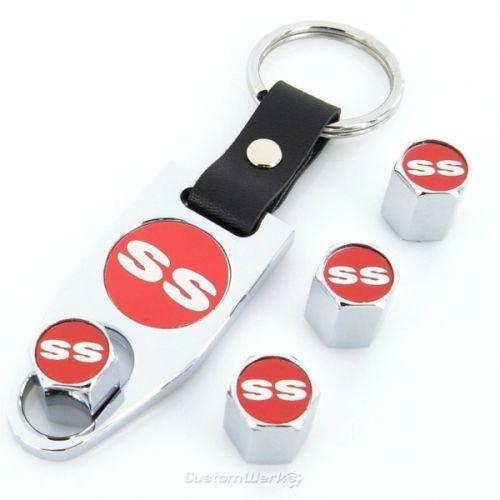 Chevy ss red logo chrome tire valve caps + key chain