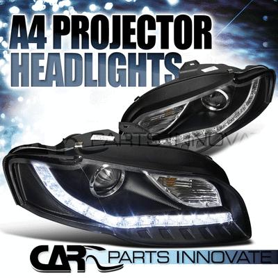 Fit audi 06-08 a4 black projector headlights+r8 led daytime running lamp drl