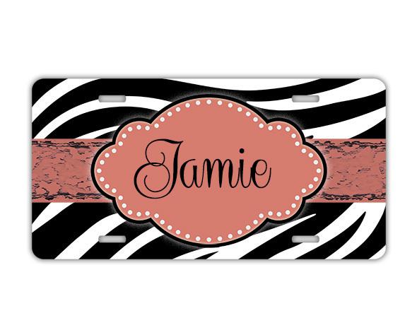 Monogrammed zebra license plate - coral pnk animal print monogram car tag (9994)