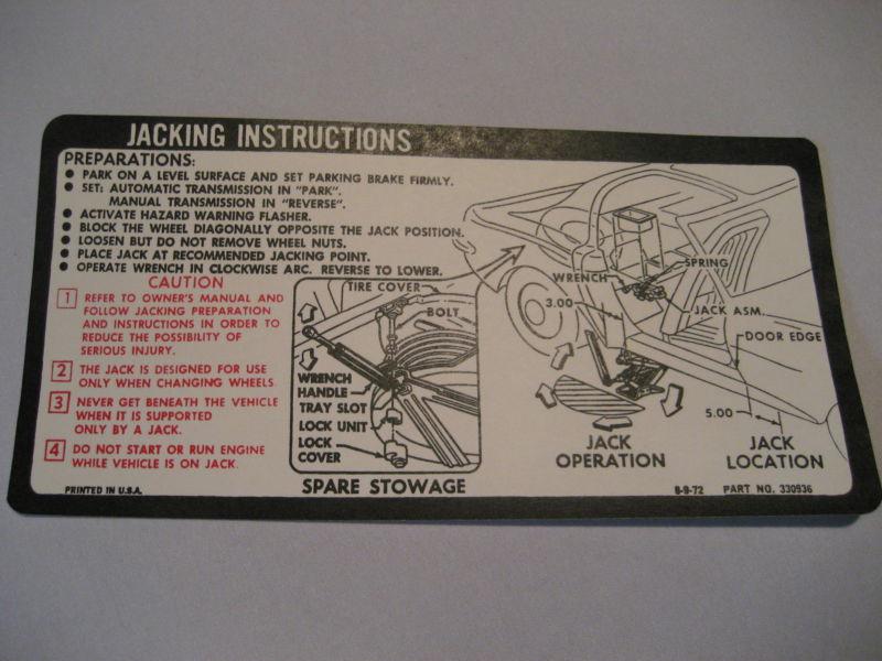 Corvette jacking instruction label, 1973 - 1974