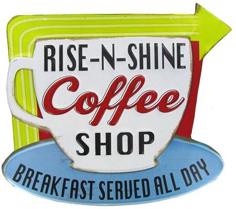Vintage neon style rise shine coffee shop breakfast arrow metal store sign