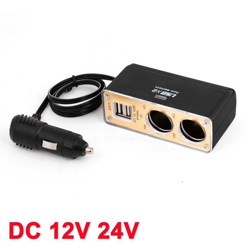 Dc 12v 24v vehicles car cigarette lighter dual socket splitter w usb port