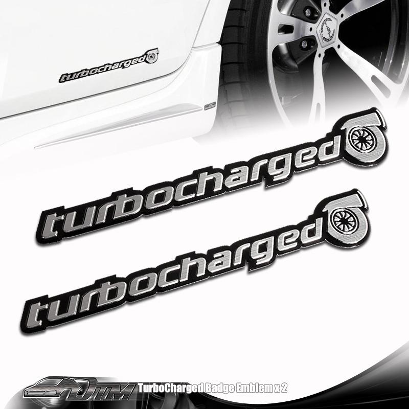 2x universal black turbocharged aluminum adhesive emblem / badge / sticker