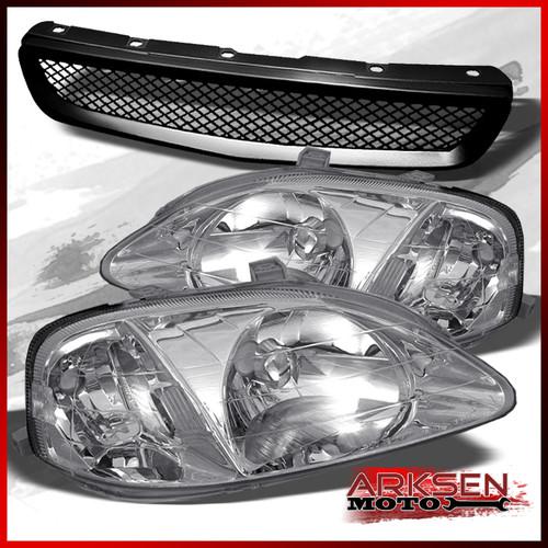 99-00 honda civic chrome headlights pair+jdm black front sport mesh grille grill