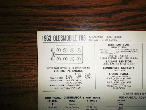 1963 oldsmobile f85 series 215 ci v8 sun tune up chart sheet great shape!