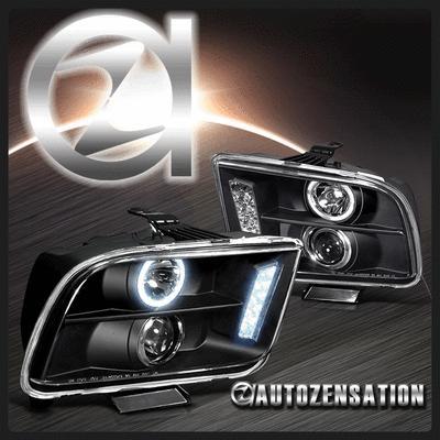 05-09 ford mustang black led drl halo projector headlights