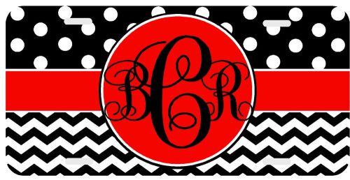 Personalized monogrammed license plate auto car tag polka dot chevron black red