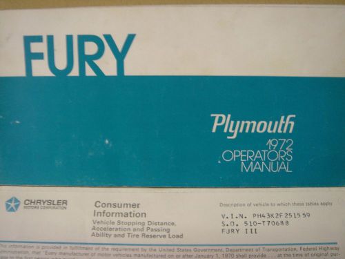 1972 plymouth fury original owners manual used