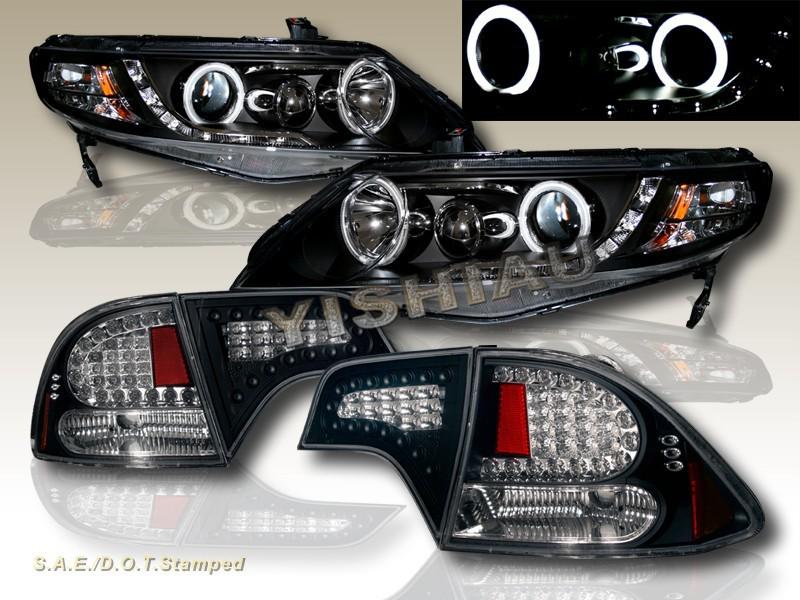 2006-11 honda civic 4dr black halo g2 projector headlights ccfl+ tail lights led