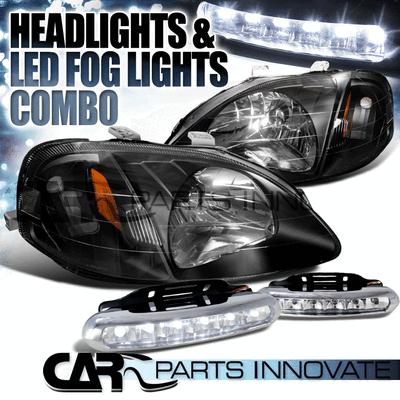 99-00 honda civic 2/3/4dr jdm black crystal headlights lamp+led fog bumper drl