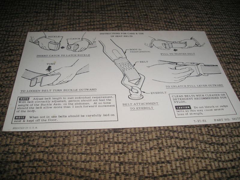 1961,62 original chevrolet/corvette manual/plan seatbelt notice card