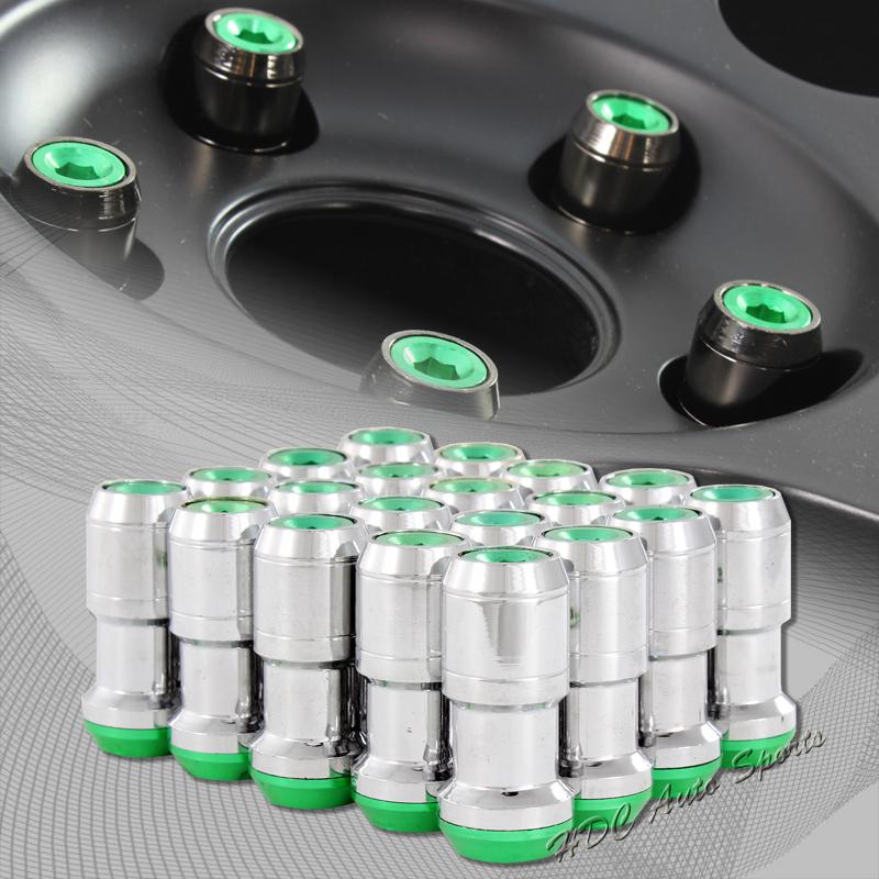 20 pcs m12 x 1.5mm thread pitch wheel rim tuner 1.9" long lug nuts green/chrome