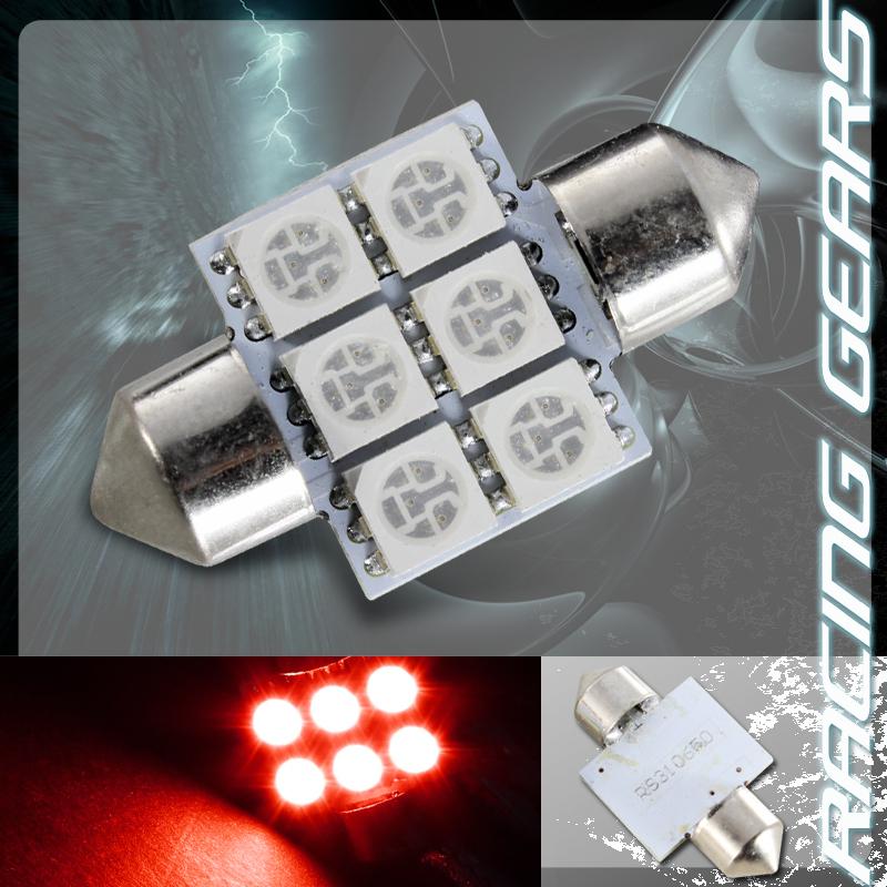 1x 31mm 1.25" red 6 smd led festoon replacement dome interior light lamp bulb