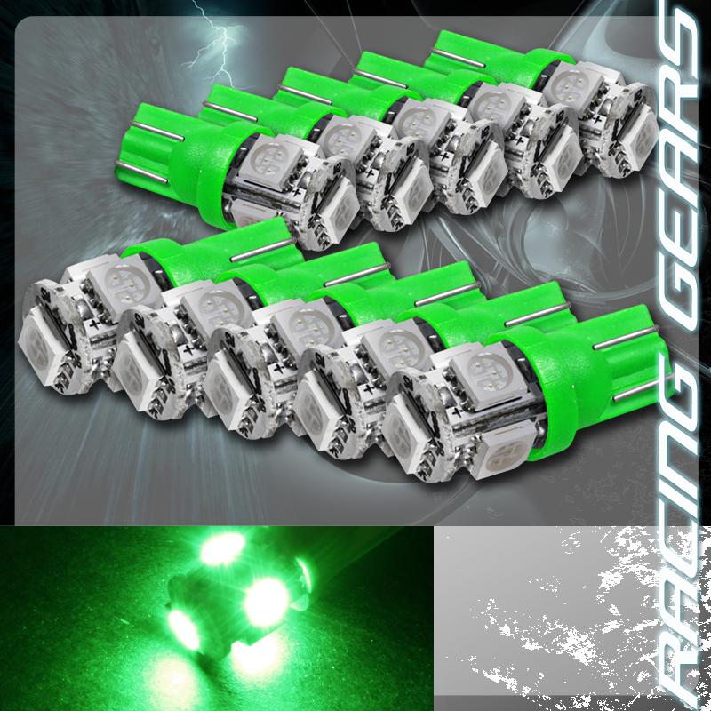 10x green smd 5 led 12v t10 wedge light bulb interior license plate side marker