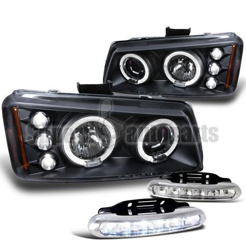 2003-2006 chevy silverado dual halo projector headlights black+led drl fog lamp