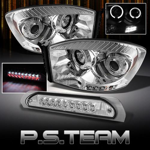 06-08 dodge ram dual halo projector led headlights +full led 3rd brake lamp