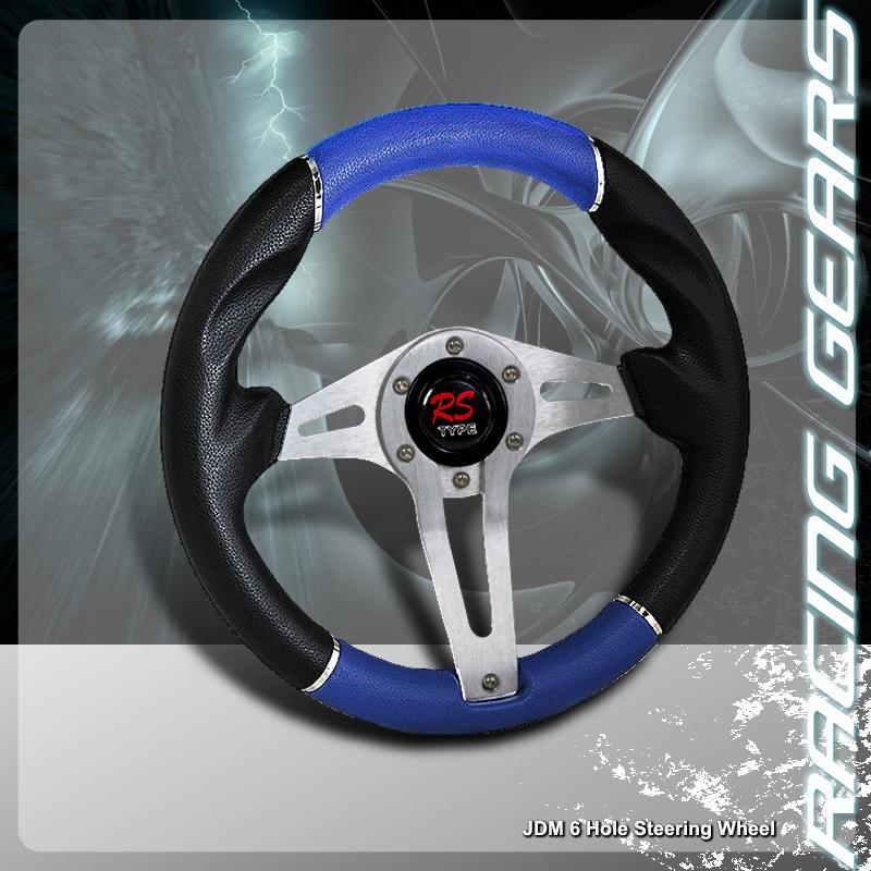 Universal jdm 6 hole bolt 320mm blue & black pvc leather racing steering wheel