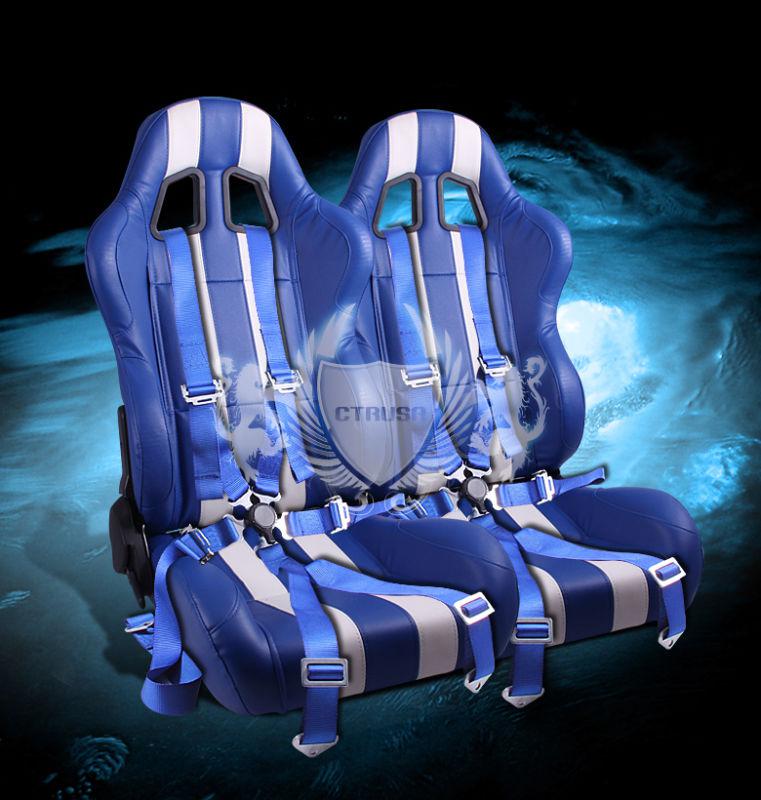 2x blue/white stripe vinyl sport racing bucket seat+6-pt blue belt camlock strap