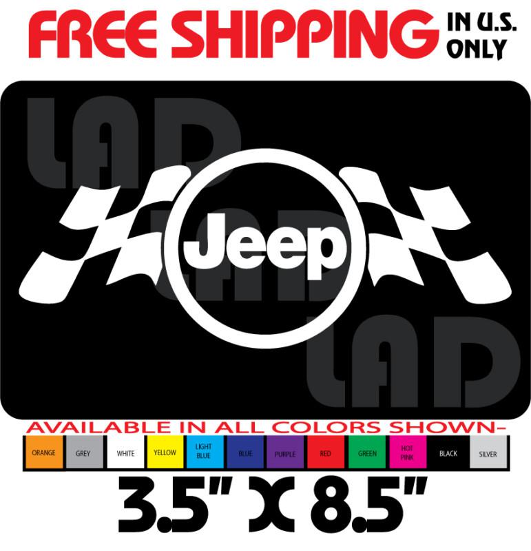 2- jeep w/ checkered flags vinyl decal sticker 3.5"x8.5" 