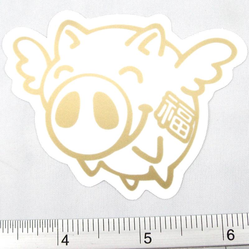 Cute pig flying car sticker decals non reflective 2.5x3.25" gold