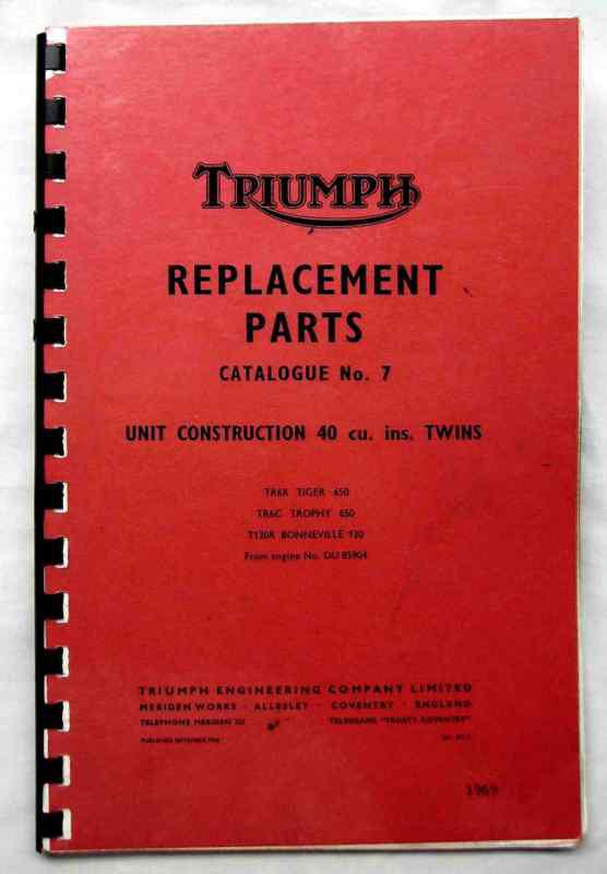 Triumph replacement parts catalogue for 1969 unit construction 40 cu in twins