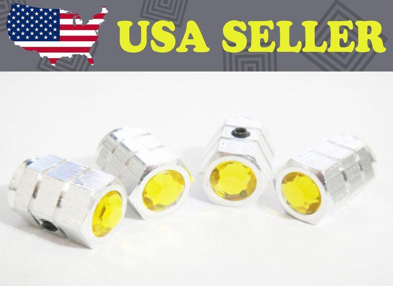 Yellow diamond anti-theft chrome tire air valve cap-cc