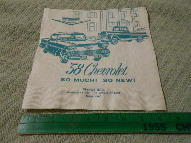 Rare original 1958 chevrolet impala & cameo pickup truck napkin, brochure, promo