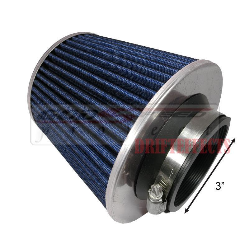 Blue universal 3" inlet air filter intake cone dryflow short ram oil free dry gt