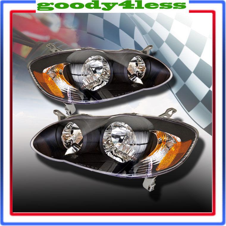 03-08 toyota corolla head light black housing clear lens headlight pair set lamp