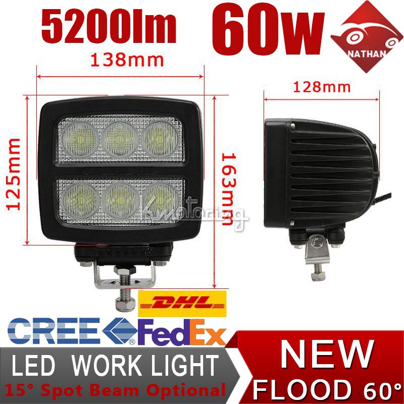 60w cree flood  beam led work offroad light driving lamp cab suv 4x4 pickup van 