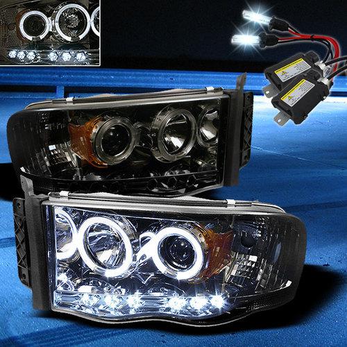 8000k slim xenon hid+smoked 02-05 ram halo led projector headlights head lights