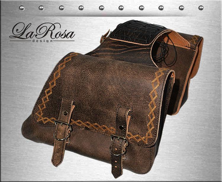 Larosa rustic brown leather cross lace universal sportster throw over saddlebags