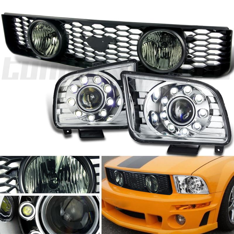 Ford 05-09 mustang chrome projector headlights smoke fog lamp grille w/emblem