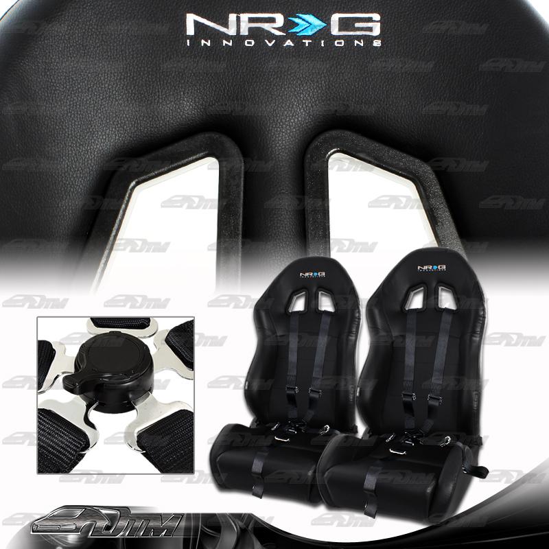 2 universal nrg black pvc leather racing seats +black 5 point cam lock harnesses