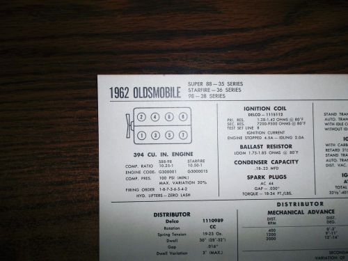 1962 oldsmobile 88 starfire &amp; 98 394 ci v8 sun tune up chart great condition!