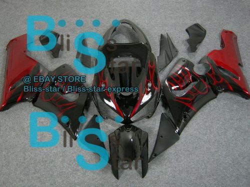 Red flames injection fairing bodywork kit fit kawasaki zx-6r 05-06 04 b3