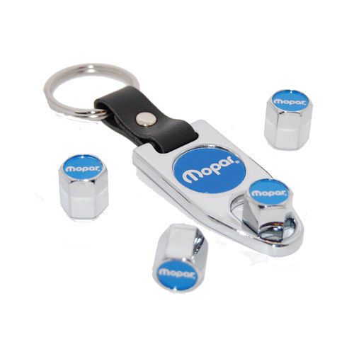 Dodge mopar blue logo chrome valve stem caps key fob chain - free shipping